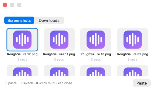 RoughSay attach picker showing recent screenshots with keyboard controls