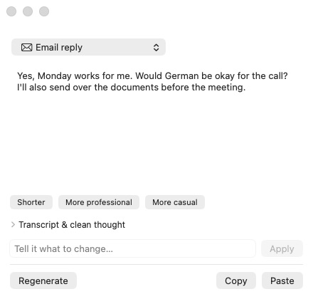 RoughSay preview panel with a polished email reply and controls to refine, copy, or paste it